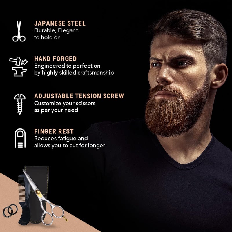 Ontaki Japanese Steel Beard & Hair Shears - 5.5 in, Silver - Precision Sharp Blades for Hair Scissors - Rounded Tips for Mustache Scissors - Ergonomic Finger Rest & Adjustable Tension for Beard Shears - Image 2